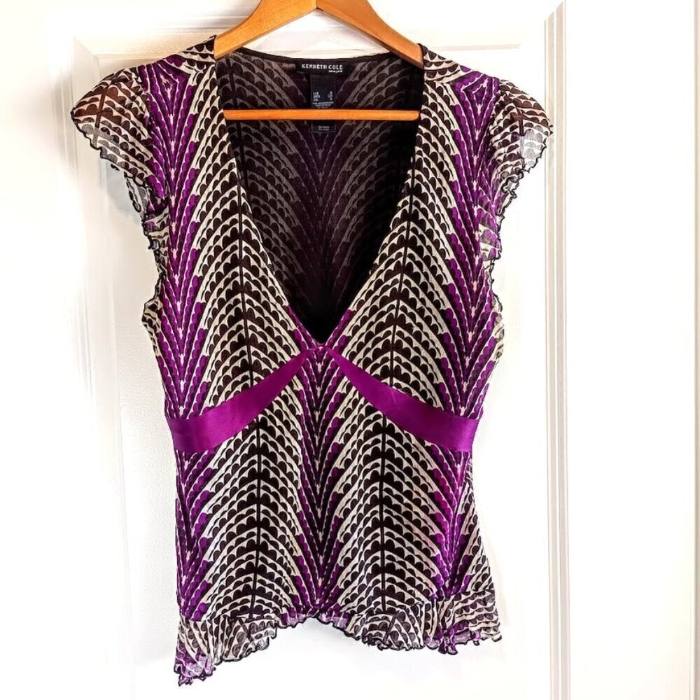 Kenneth Cole Purple Black Silk Mesh Cap Sleeve Top